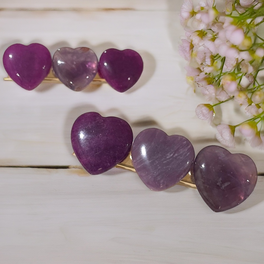 Set of 2 Luxury Hair Clips with Purple Heart Shaped Stones, Elegant Accessories